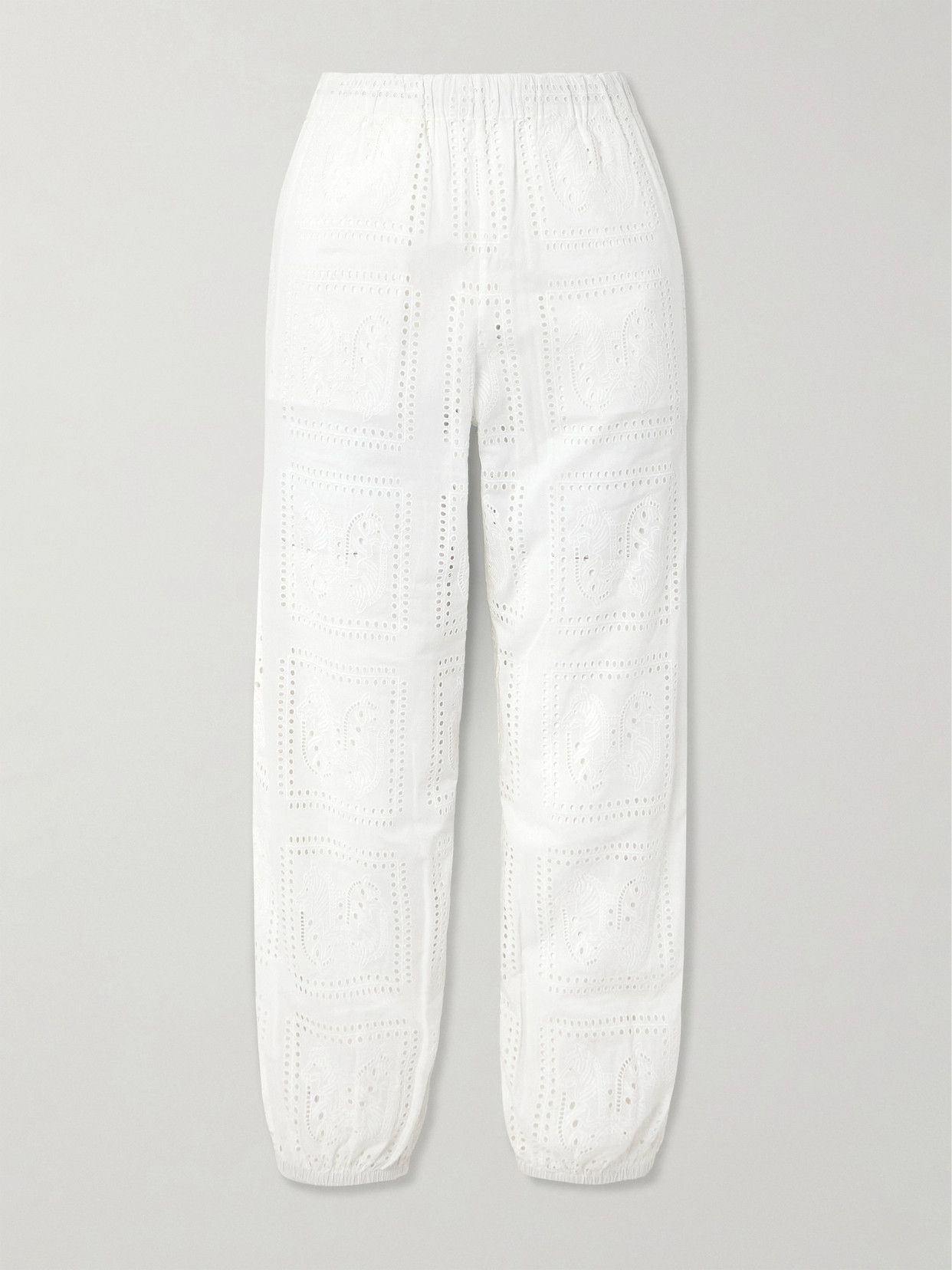 Tory Burch Eyelet Beach Embroidered Cotton Tapered Trousers In White