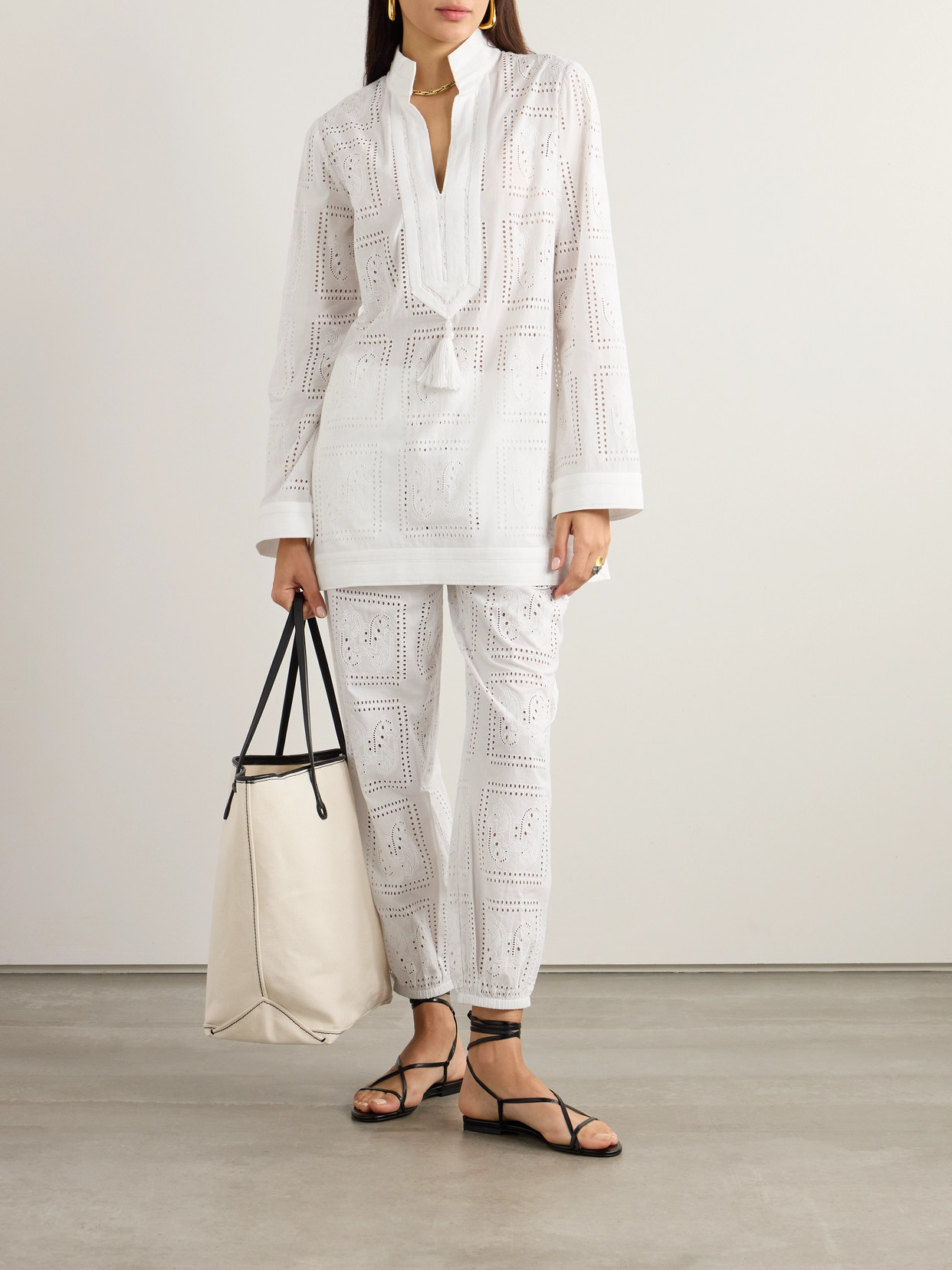 Tory Burch Eyelet Beach Embroidered Cotton Tapered Pants In White