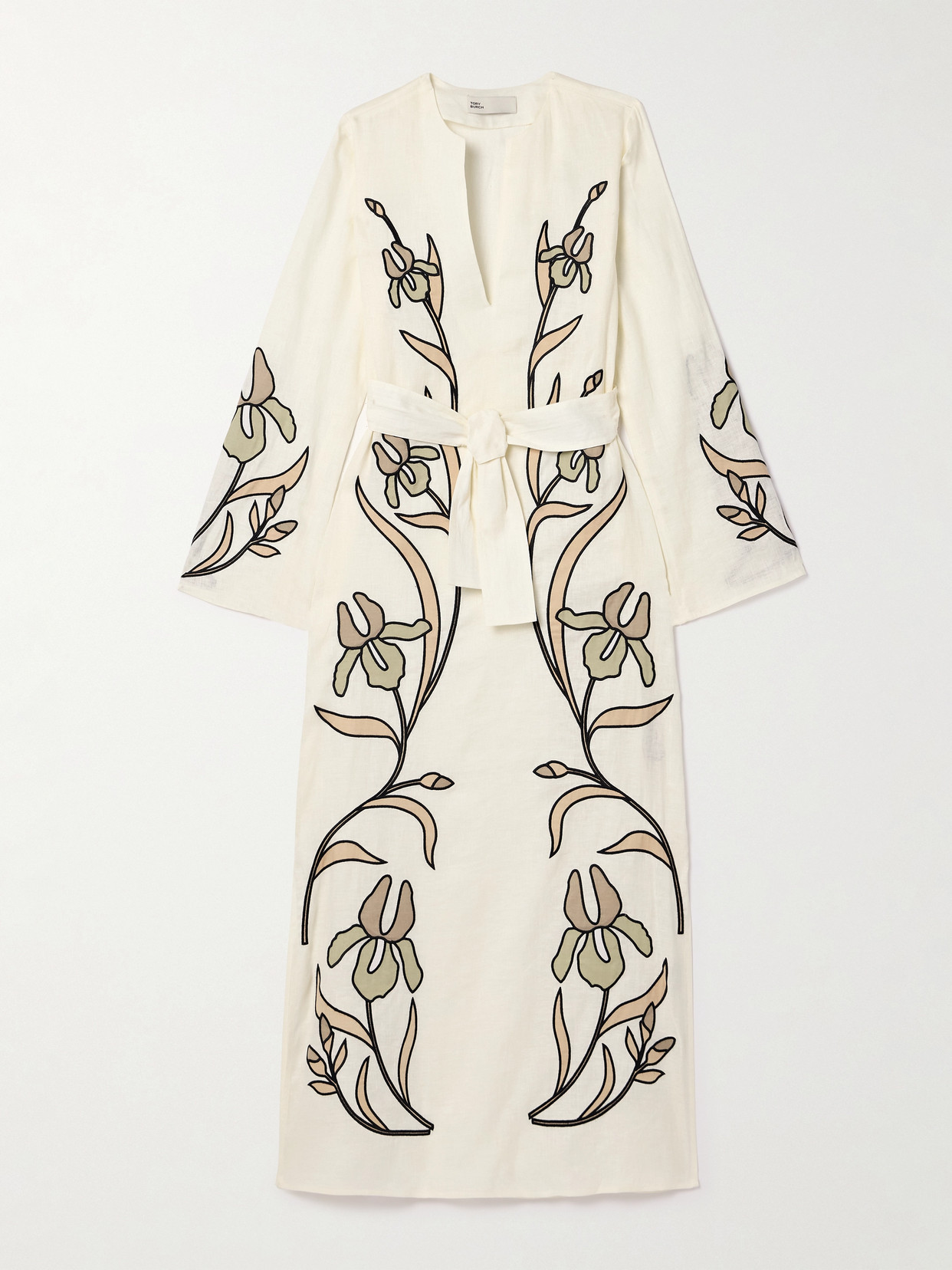 Tory Burch Belted Appliquéd Cotton-trimmed Linen Kaftan In Ivory