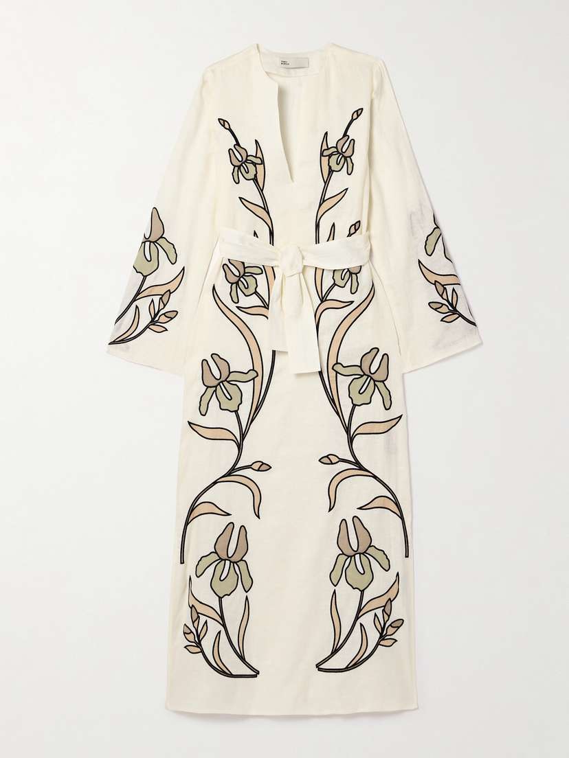 Tory Burch Belted Appliquéd Cotton-trimmed Linen Kaftan
