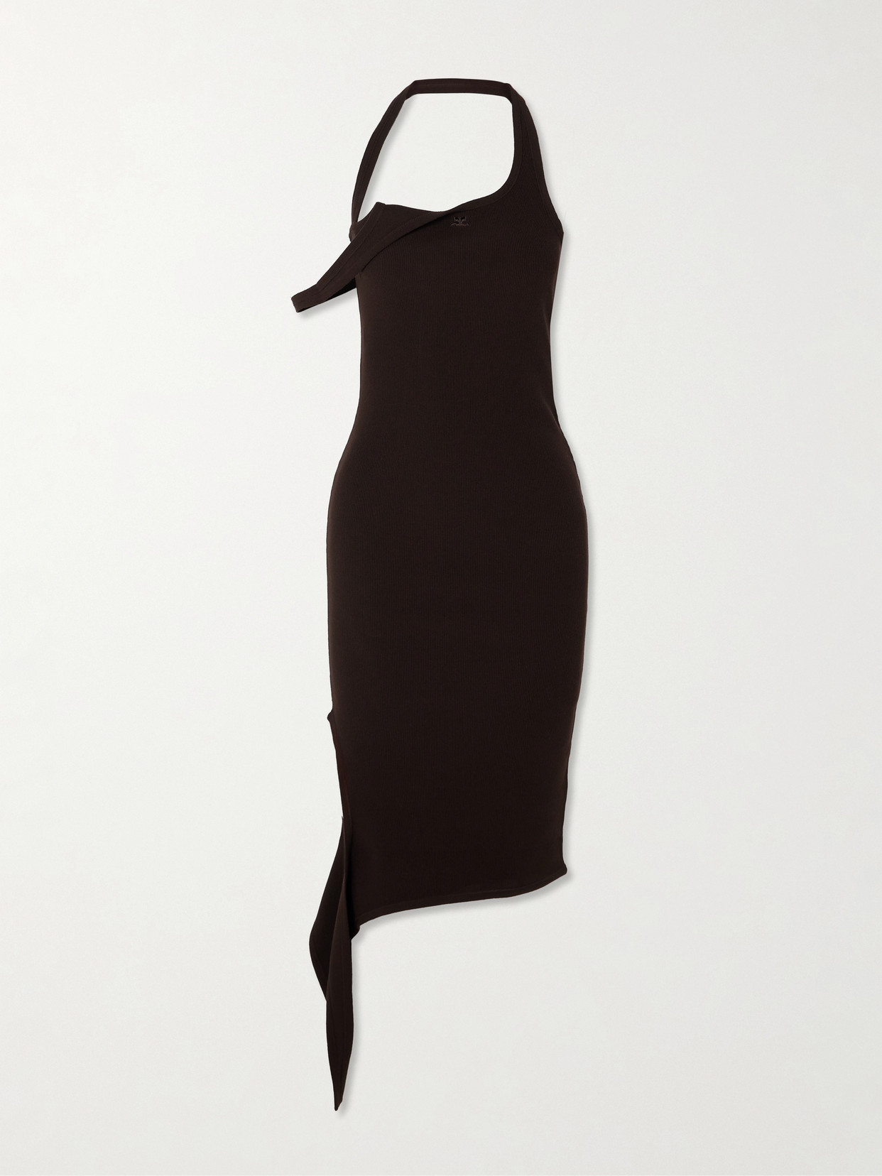 Courrèges Undressed Asymmetric Draped Ribbed-knit Midi Dress In Brown