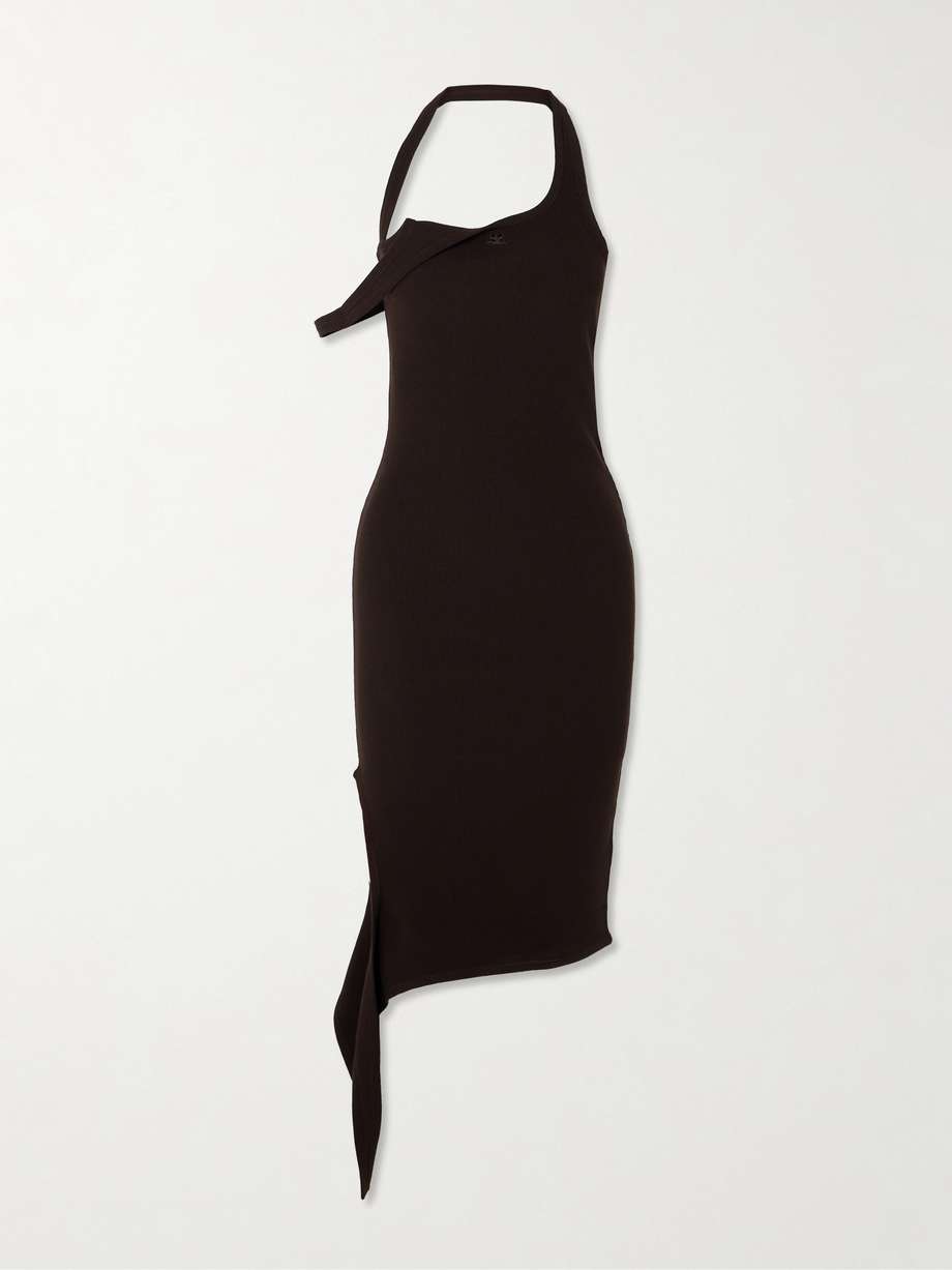 undressed asymmetric draped ribbed-knit midi dress