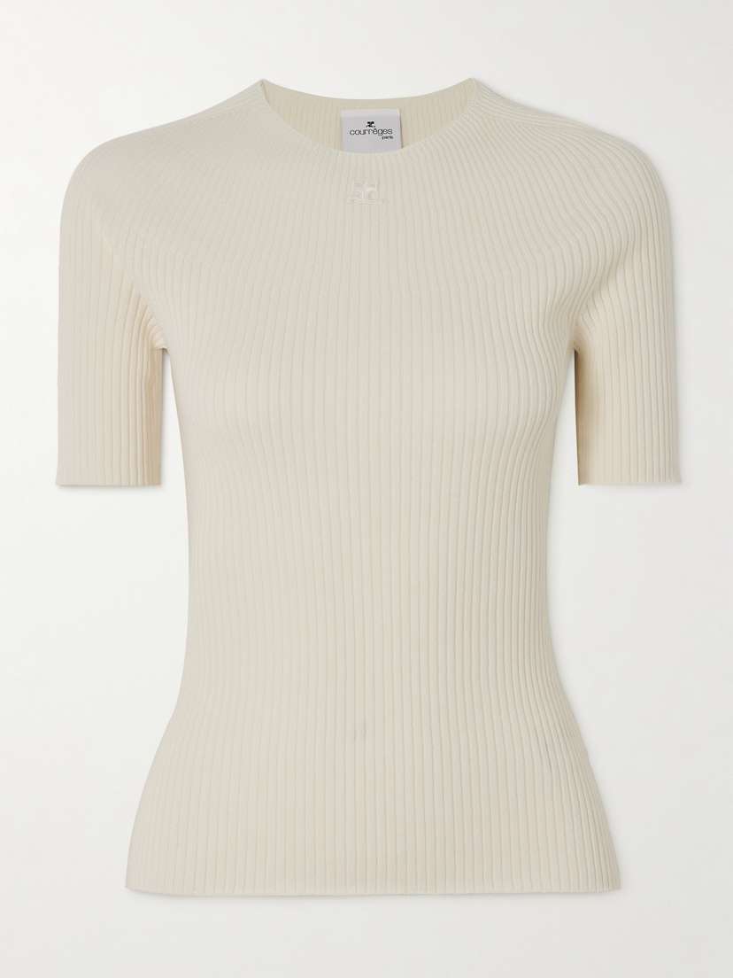 Courrèges Embroidered Ribbed Cotton And Merino Wool-blend Sweater