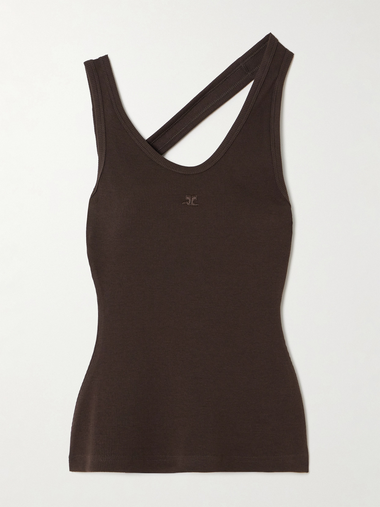 Courrèges Asymmetric Embroidered Ribbed Stretch Cotton-jersey Tank In Brown