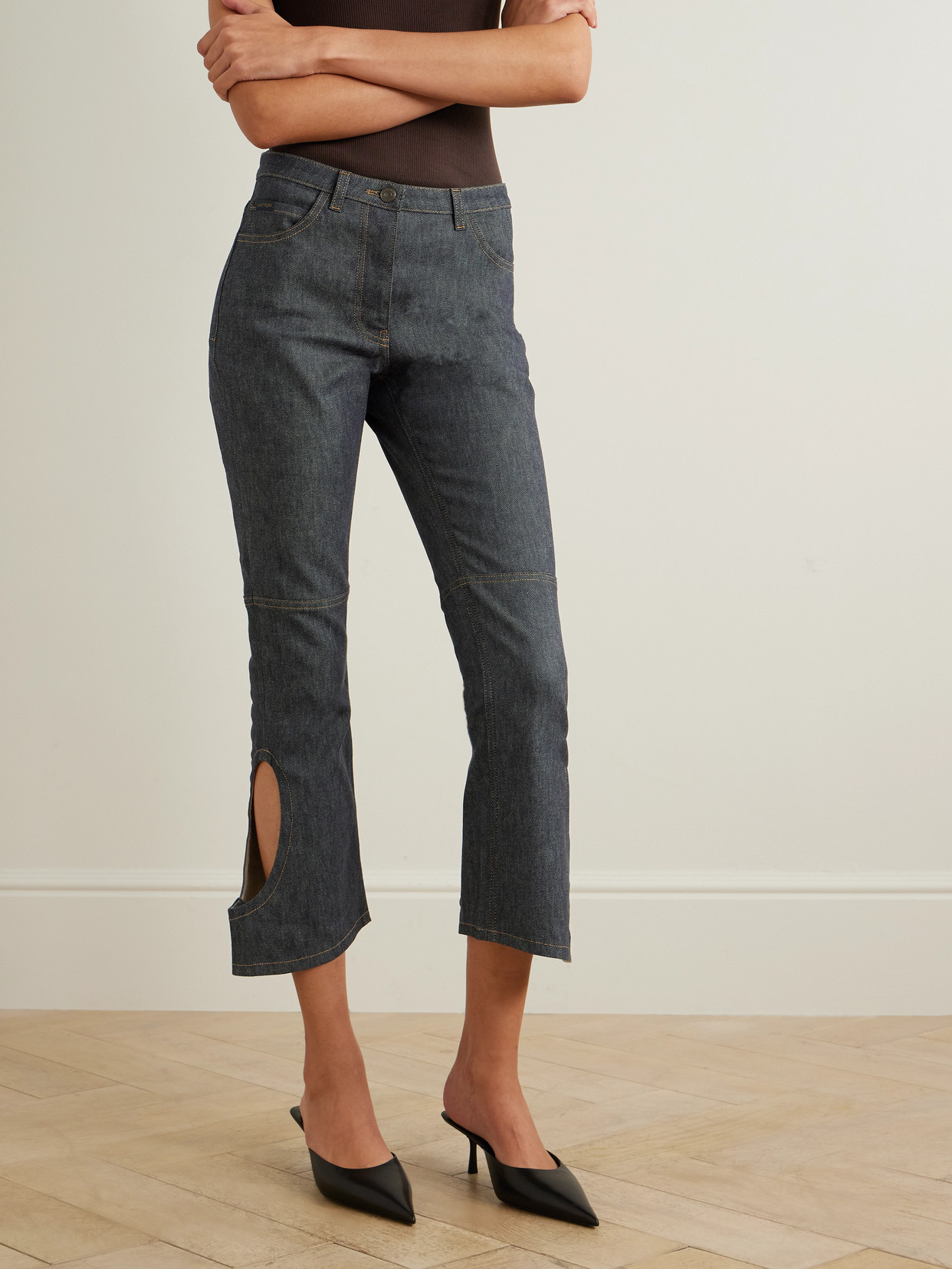 Reversed Cropped Cutout High-Rise Flared Jeans
