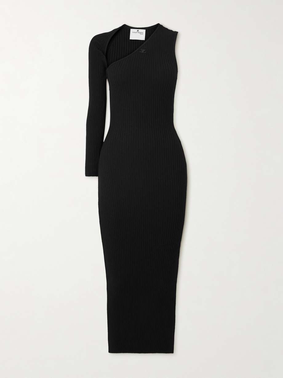 one-sleeve ribbed-knit maxi dress