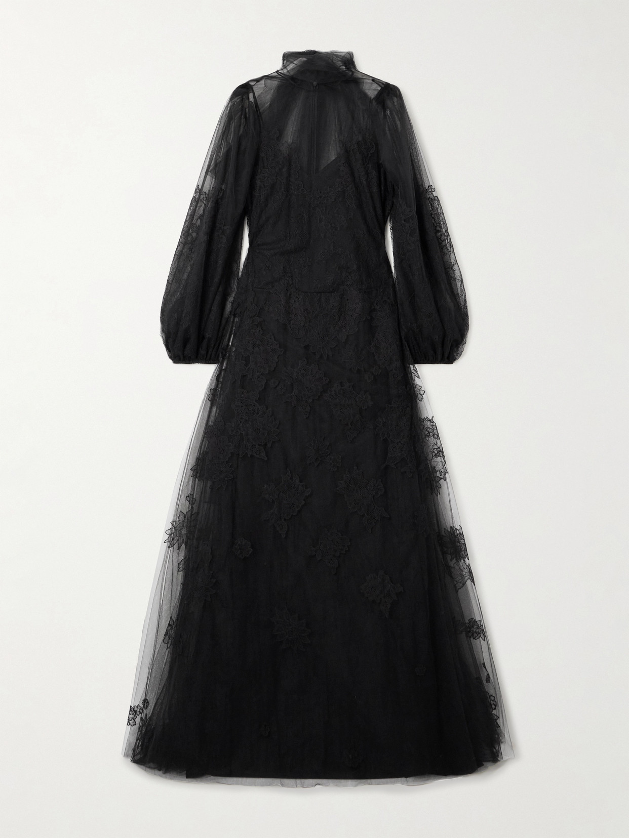 Valentino Open-back Appliquéd Tulle Gown In Black