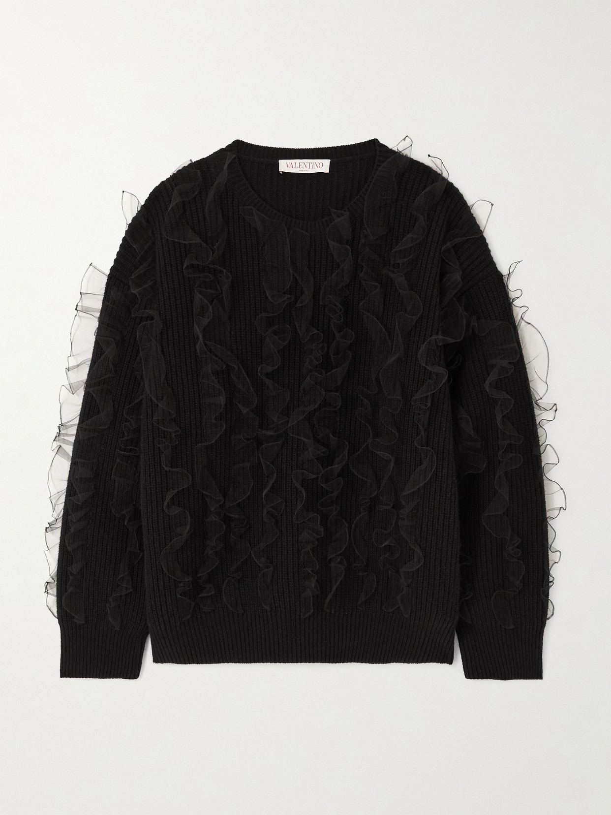 Valentino Garavani - Ruffled Tulle-trimmed Ribbed Wool Sweater - Black