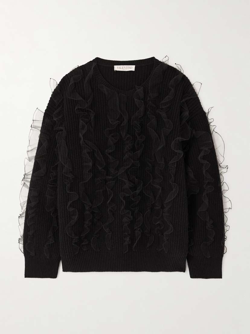 Valentino Garavani Ruffled Tulle-trimmed Ribbed Wool Sweater