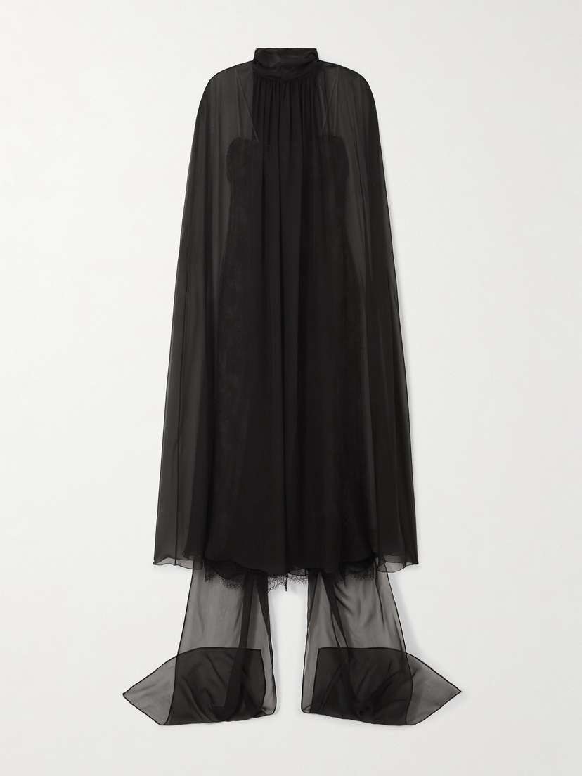 Valentino Garavani Cape-effect Leavers Lace And Silk-chiffon Midi Dress