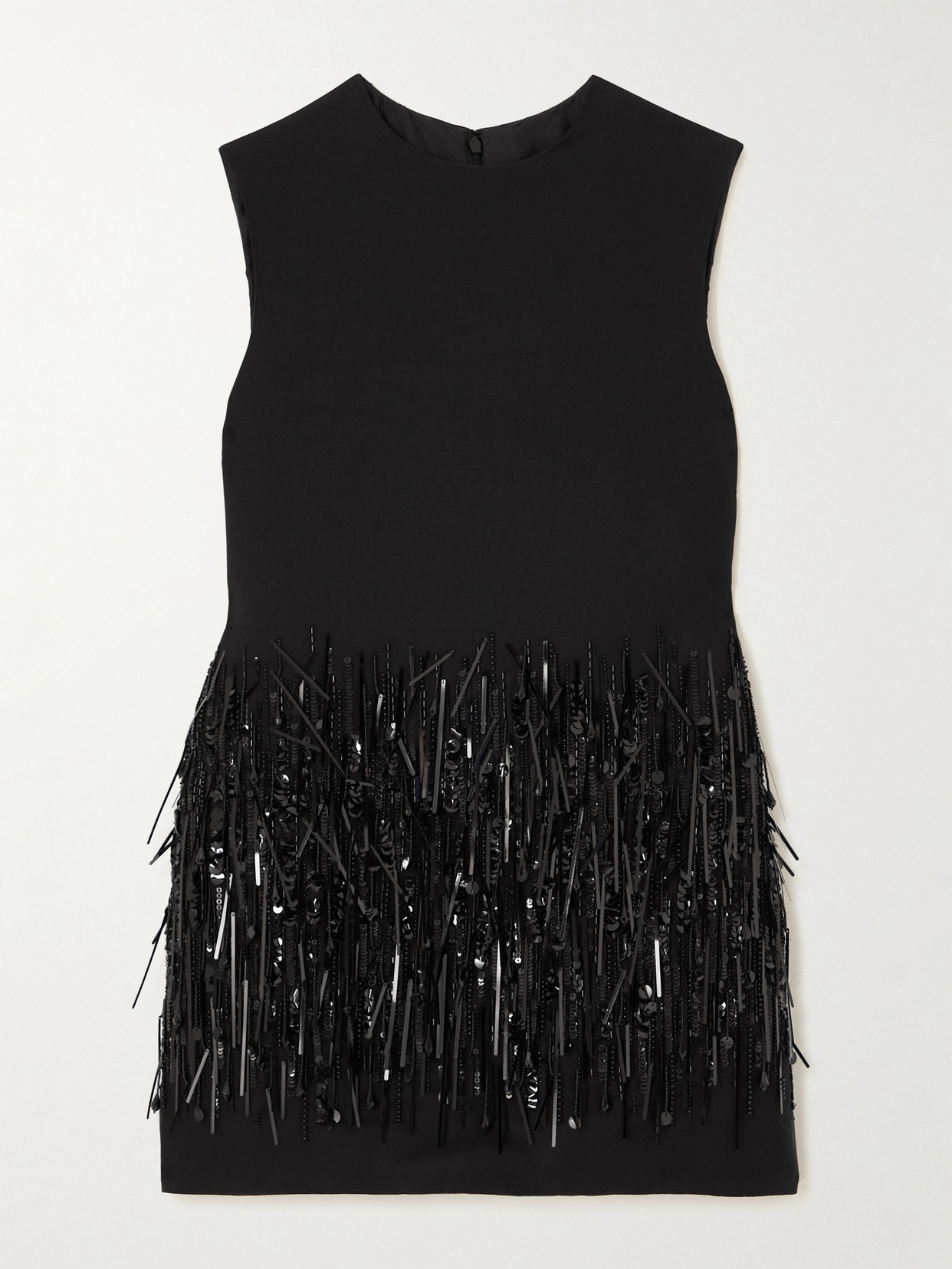 Valentino Fringed Wool And Silk-blend Crepe Mini Dress In Black