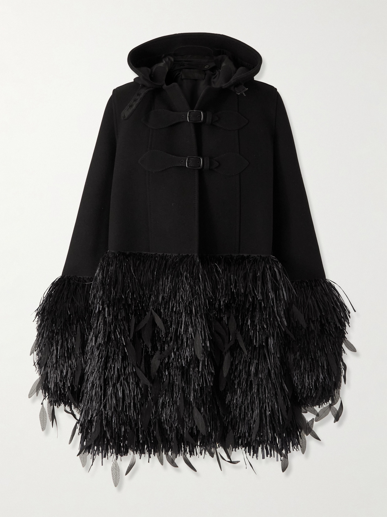 Valentino Garavani - Hooded Appliquéd Raffia-trimmed Wool Jacket - Black