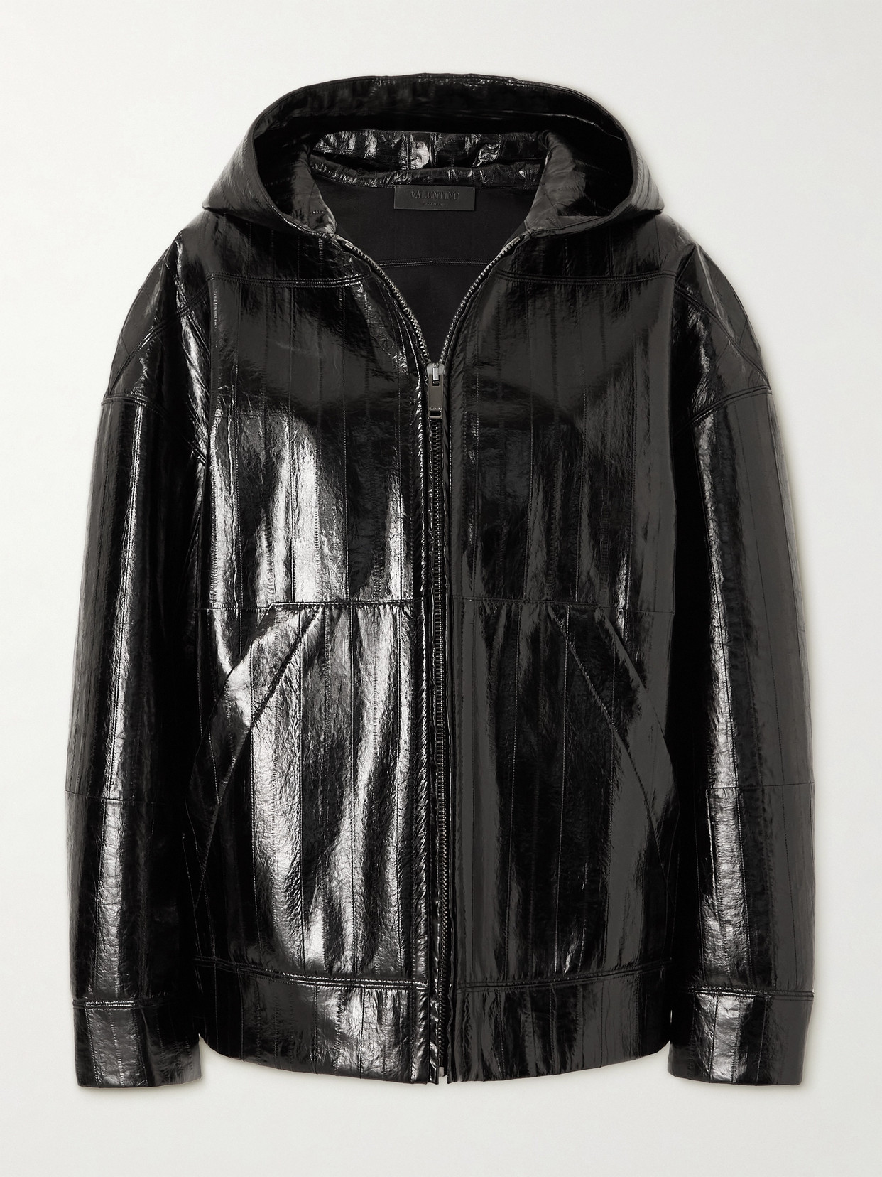Valentino Oversized Glossed-leather Hooded Jacket In Black