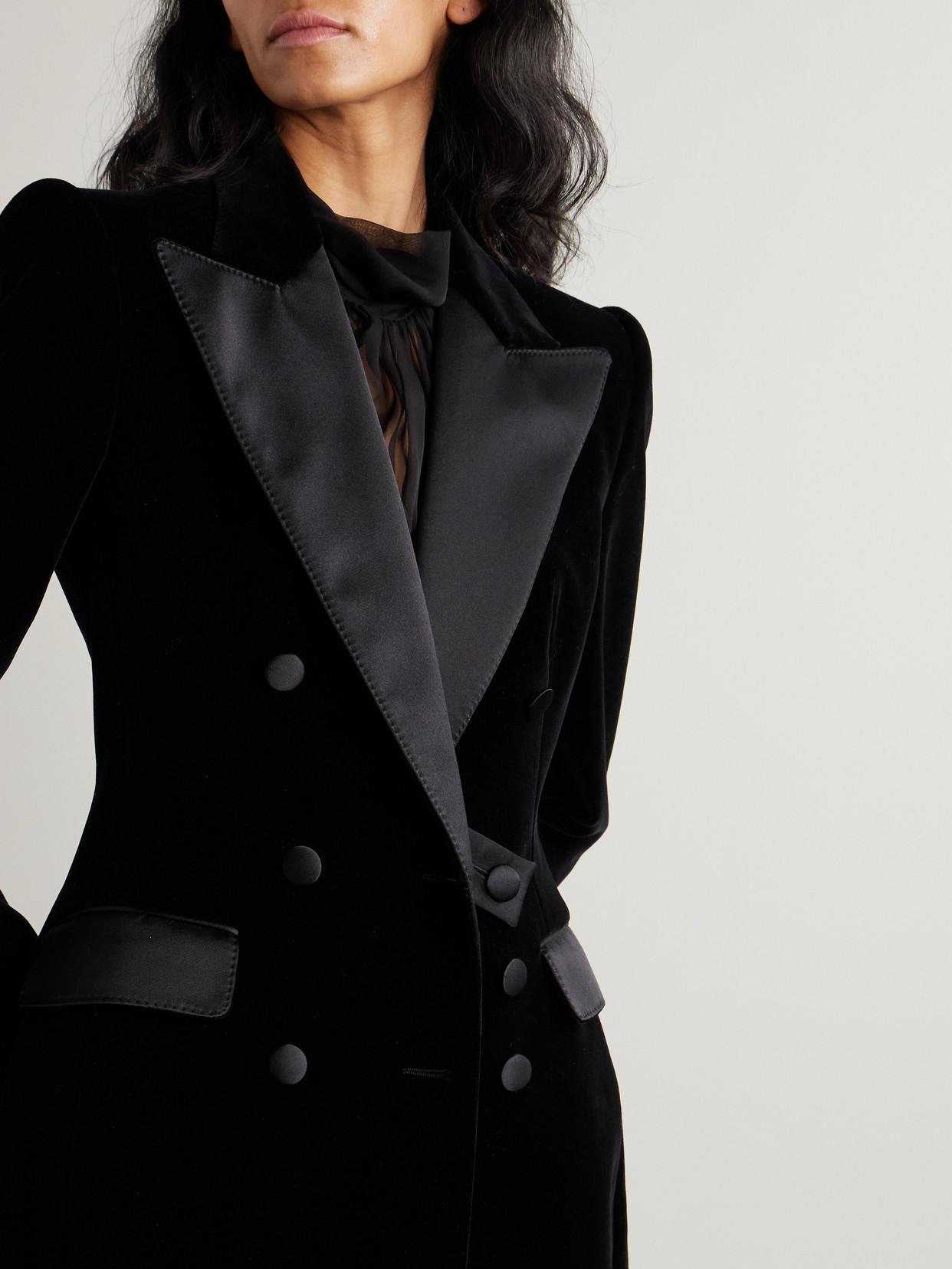 Dolce & Gabbana Double-breasted Satin-trimmed Velvet Coat In Black