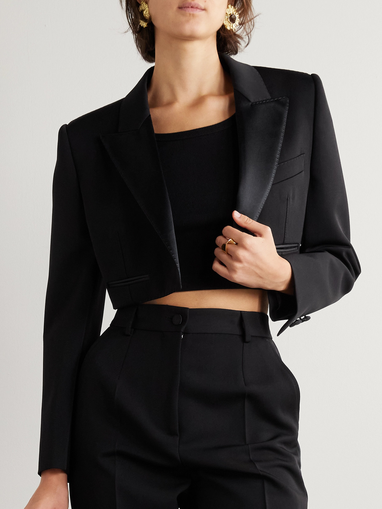 Dolce & Gabbana Cropped Satin-trimmed Wool-blend Gabardine Blazer In Black