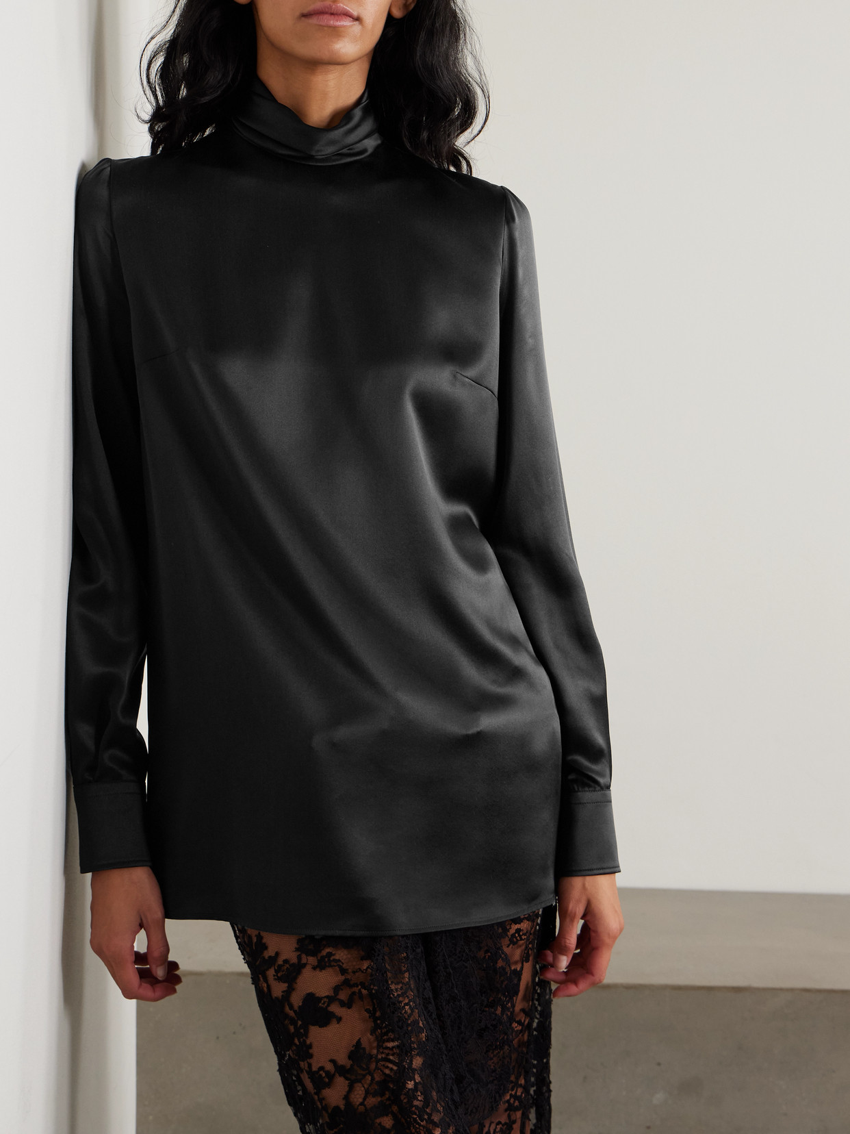 Dolce & Gabbana Silk-satin Turtleneck Top In Black
