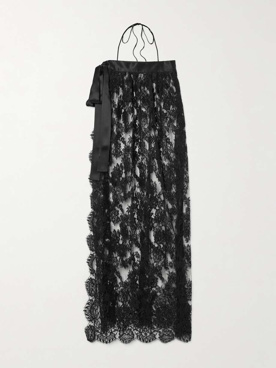 halterneck satin-trimmed cotton-blend lace midi wrap dress