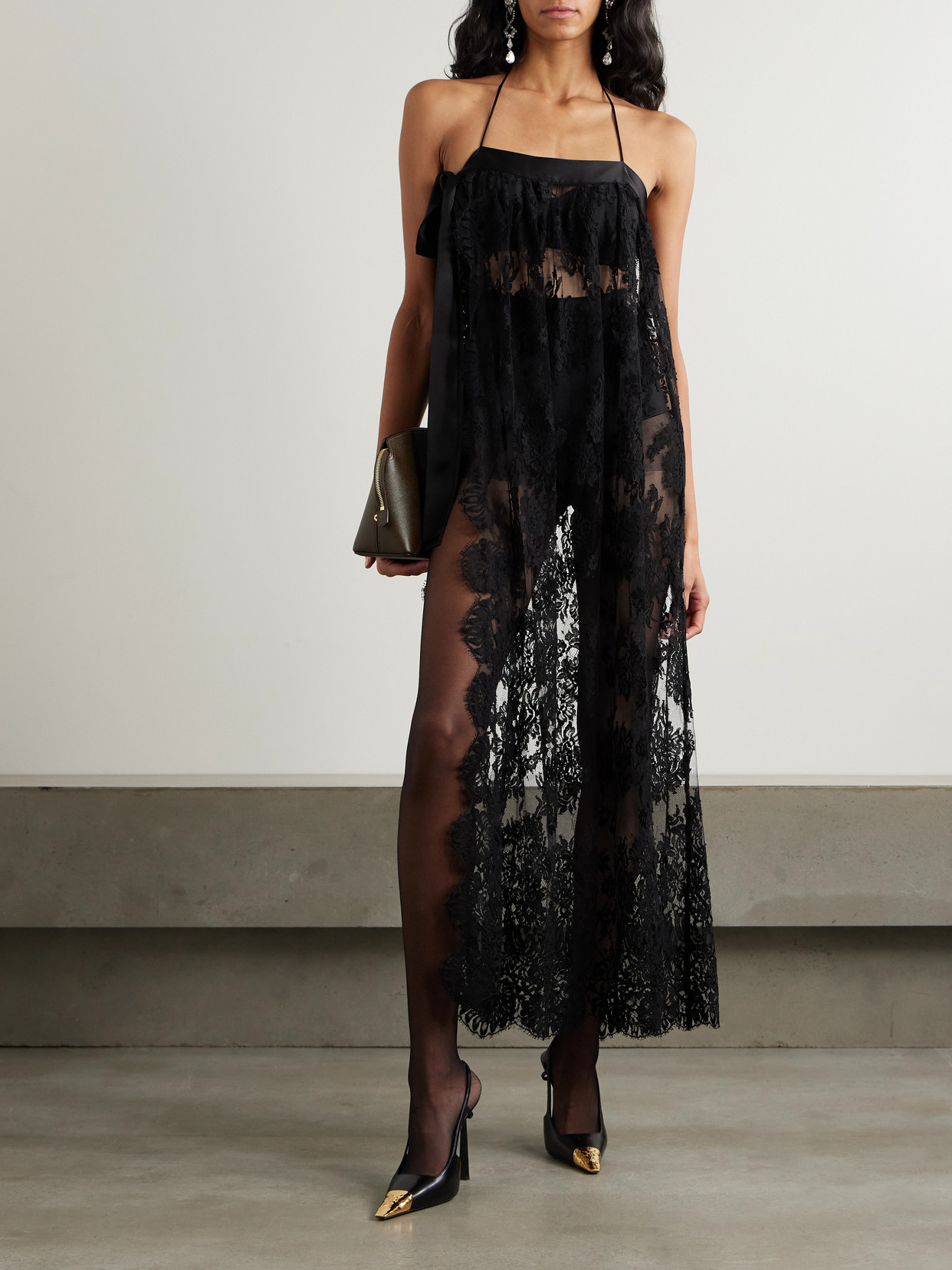 Dolce & Gabbana Halterneck Satin-trimmed Cotton-blend Lace Midi Wrap Dress In Black