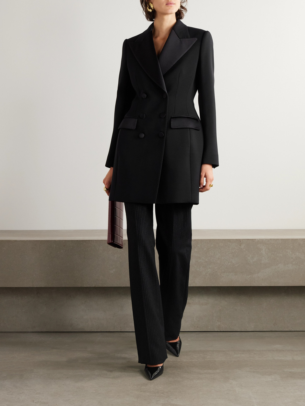 Dolce & Gabbana Double-breasted Silk-blend Satin-trimmed Wool-blend Twill Coat In Black