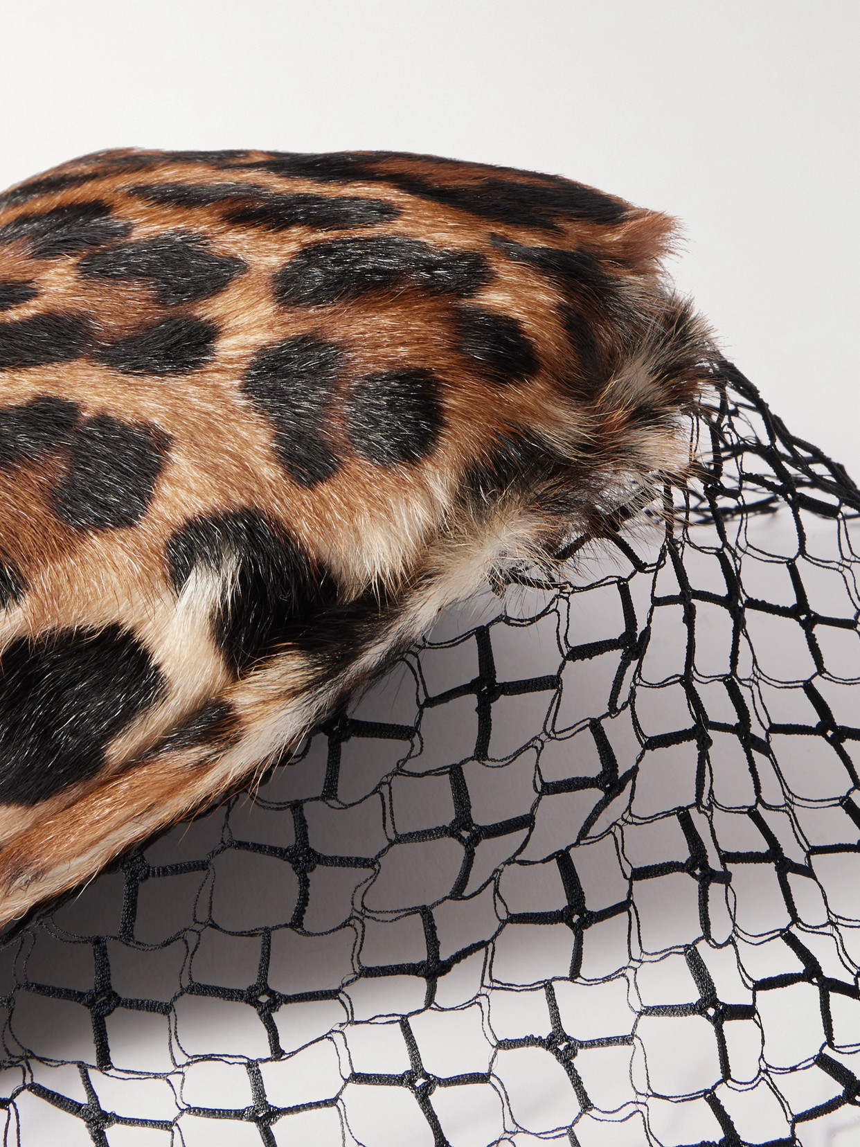 DOLCE & GABBANA LEOPARD-PRINT GOAT HAIR AND MESH VEILED FLAT CAP