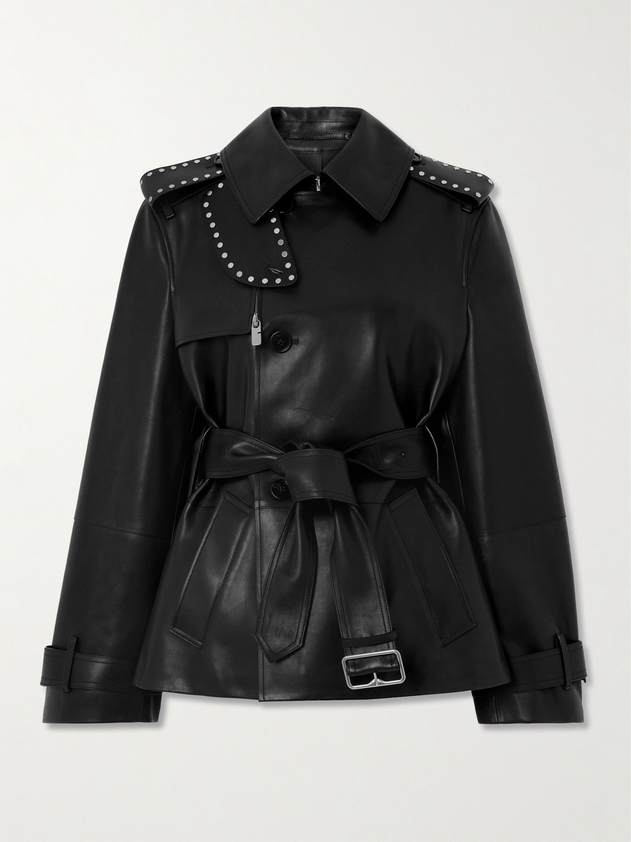 Burberry Studded Belted Leather Jacket In Black