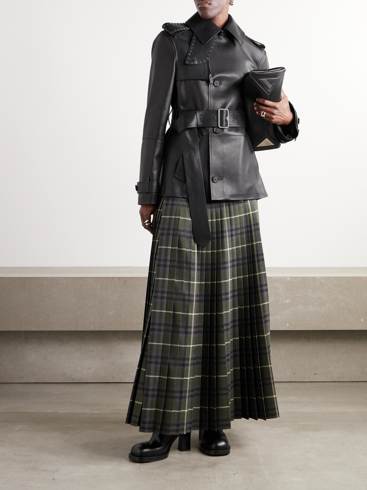 Burberry Studded Belted Leather Jacket In Black