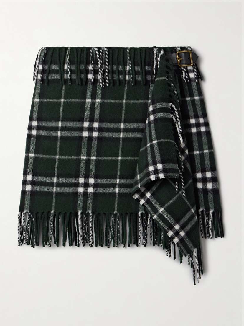 Burberry Fringed Checked Wool And Cashmere-blend Flannel Mini Wrap Skirt - x large