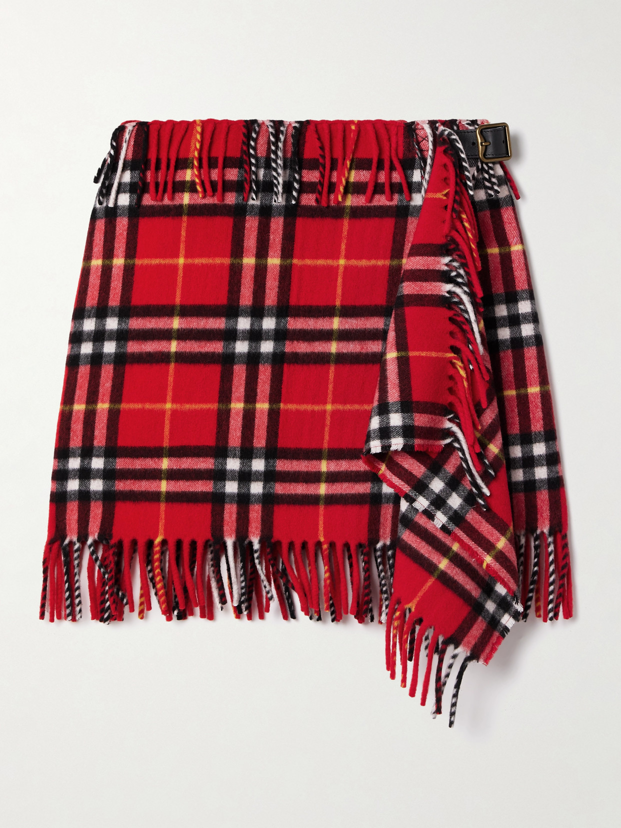 Burberry - Fringed Checked Wool And Cashmere-blend Flannel Mini Wrap Skirt - Red