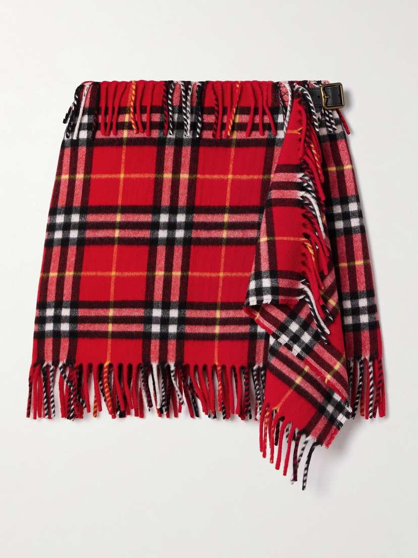 Burberry Fringed Checked Wool And Cashmere-blend Flannel Mini Wrap Skirt
