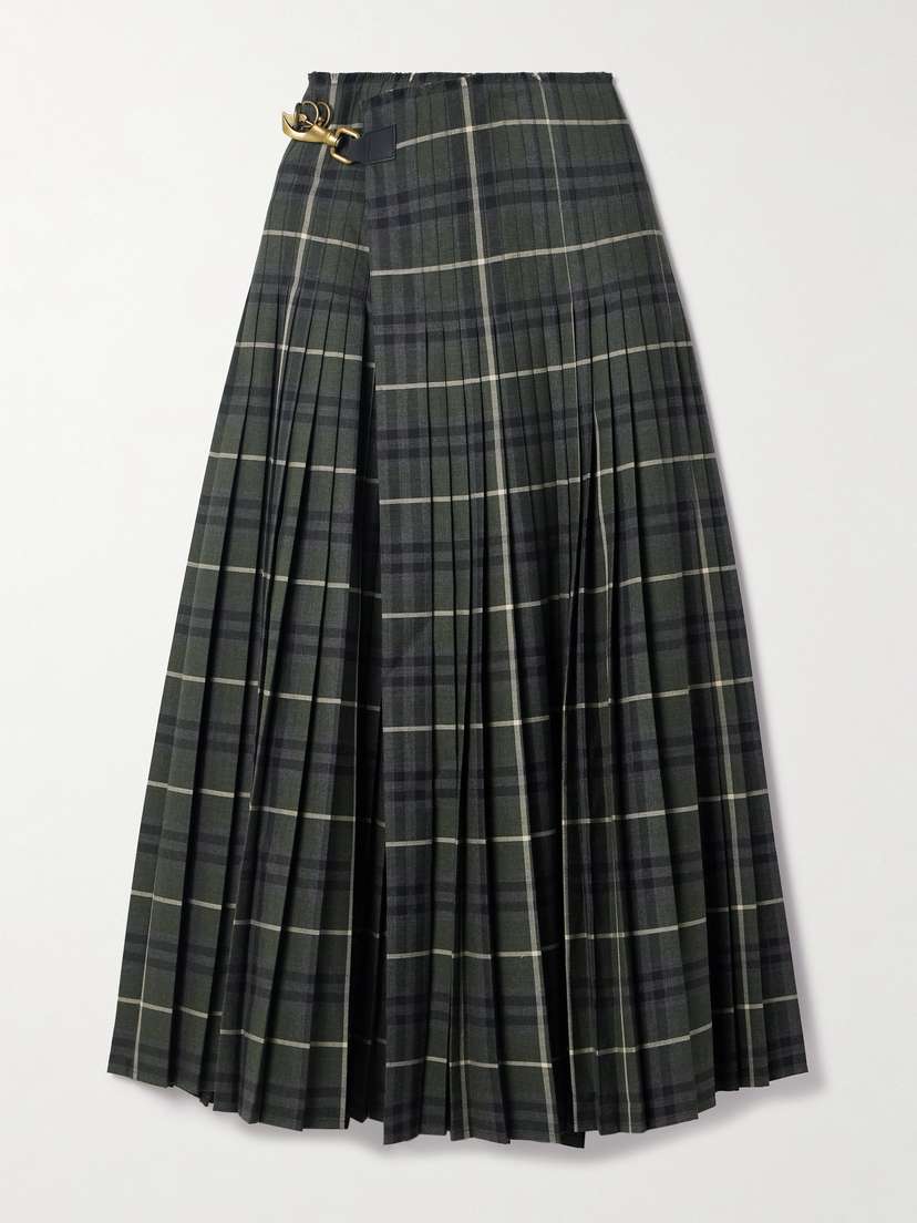 Burberry Pleated Checked Woven Maxi Wrap Skirt