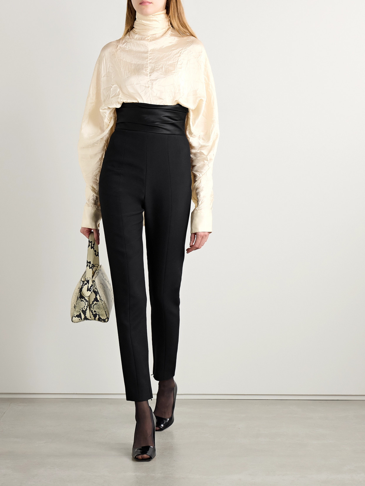 Khaite Bex Open-back Tie-neck Crinkled Satin-twill Top In Cream