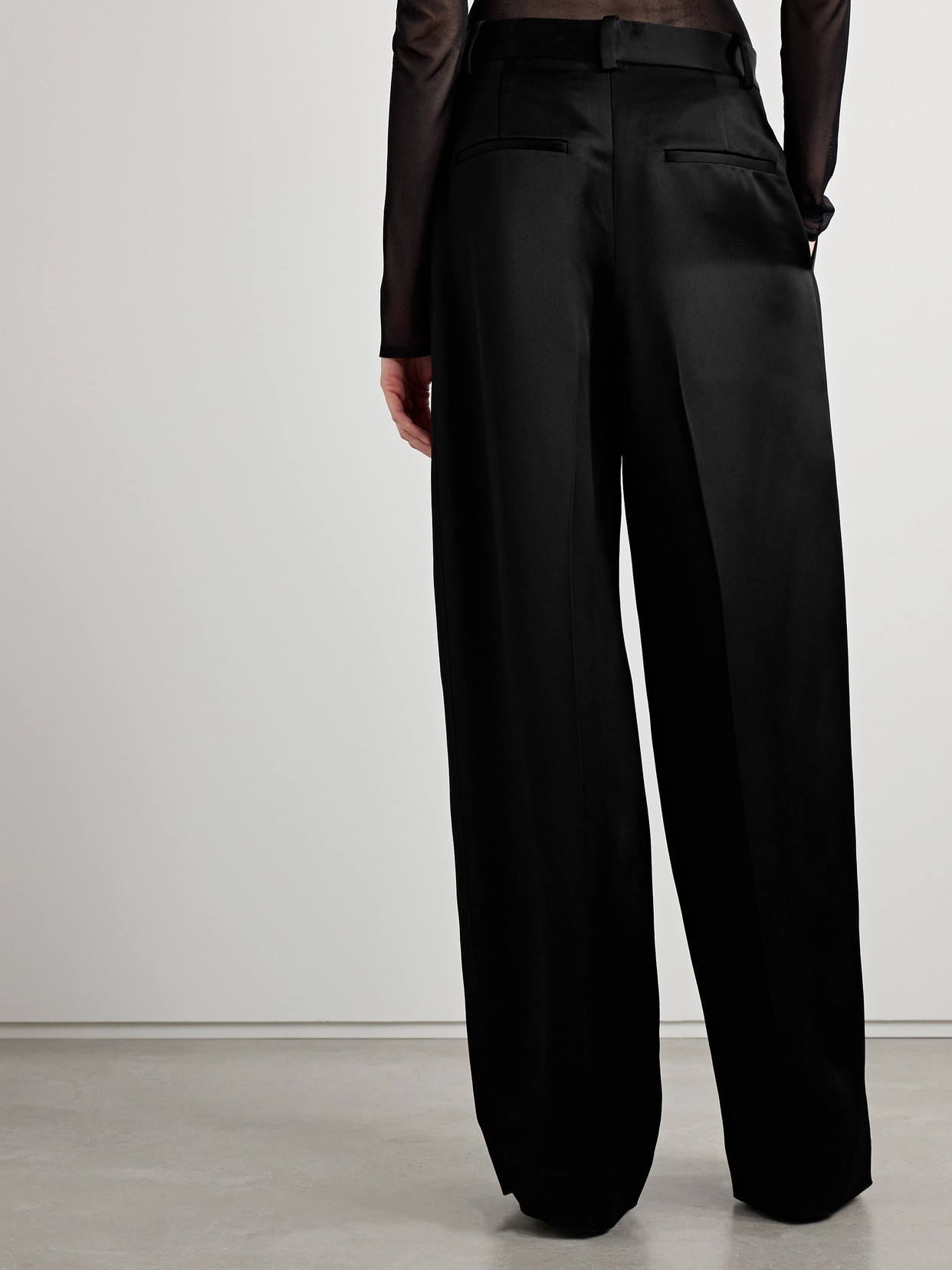 KHAITE MARINTA SATIN-TRIMMED PLEATED CREPE WIDE-LEG PANTS
