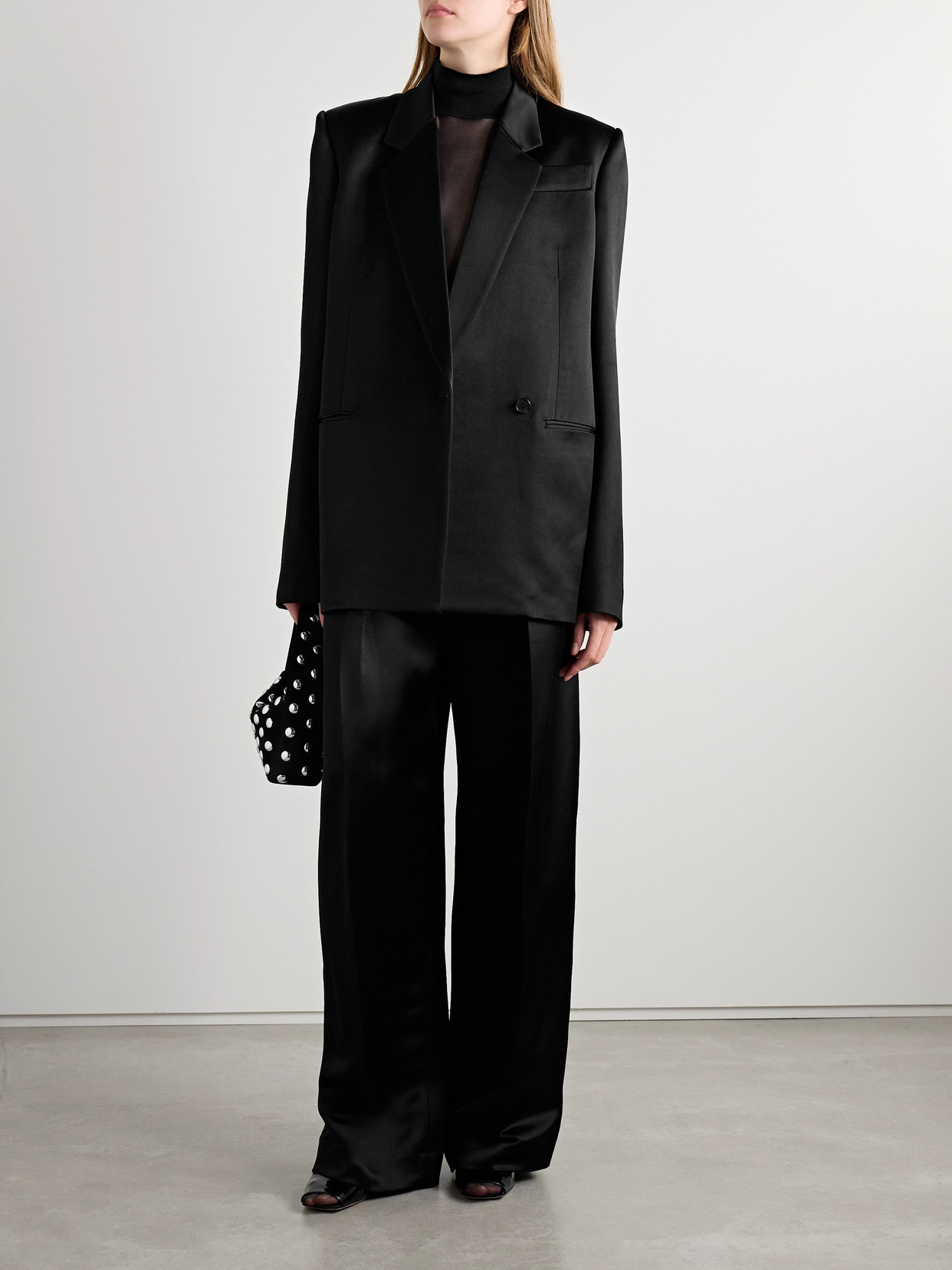 KHAITE MARINTA SATIN-TRIMMED PLEATED CREPE WIDE-LEG PANTS