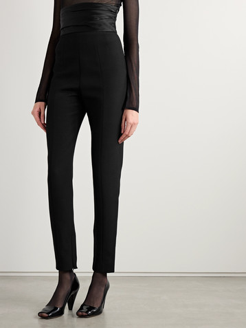 KHAITE Lenro pleated satin-trimmed grain de poudre straight-leg pants
