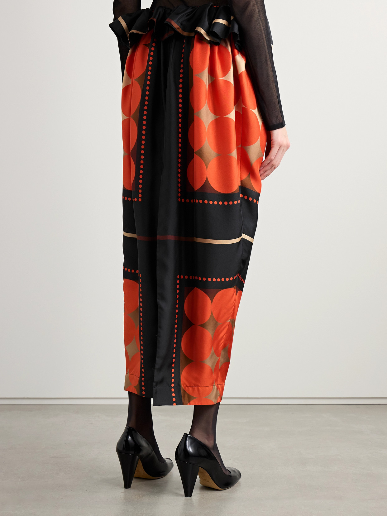 KHAITE LILILA RUFFLED PRINTED SILK-TWILL MIDI SKIRT 