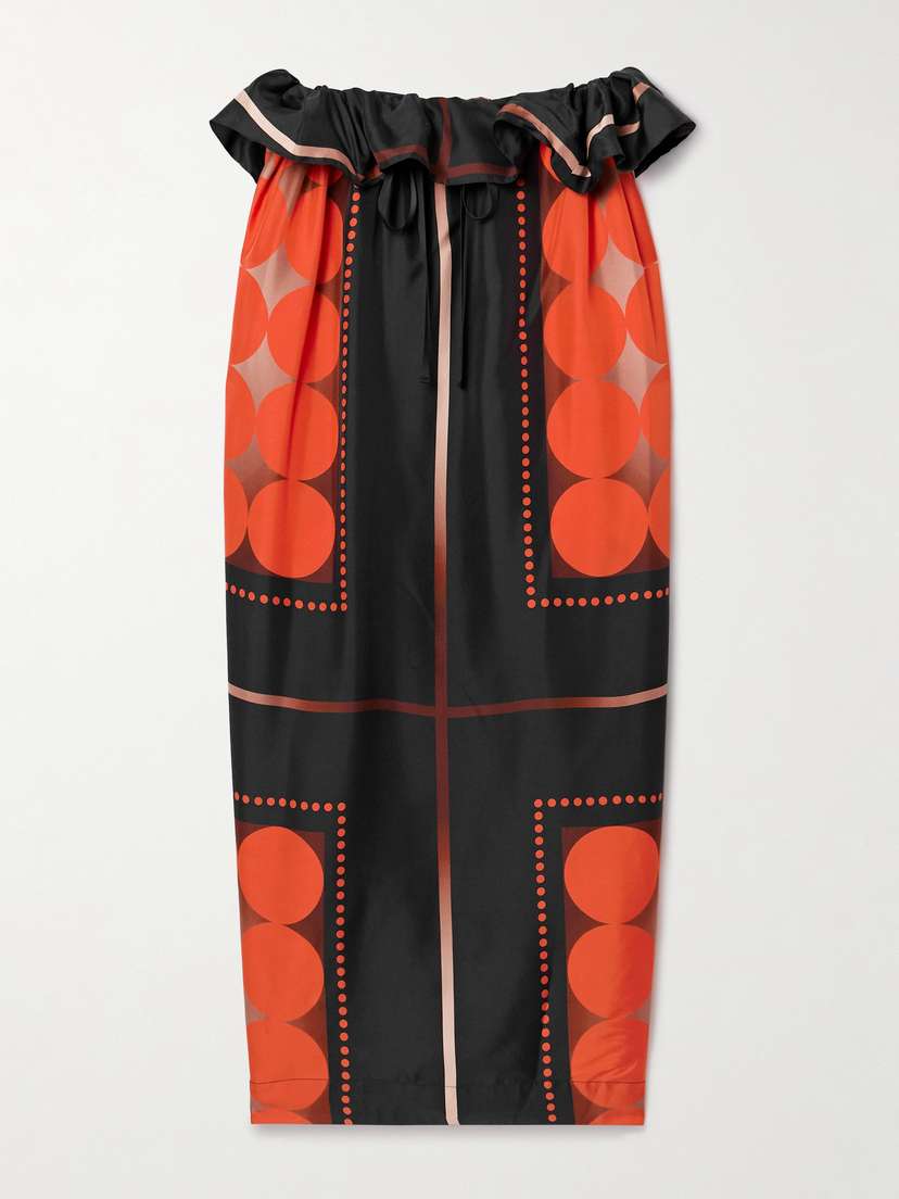 Khaite Lilila Ruffled Printed Silk-twill Midi Skirt