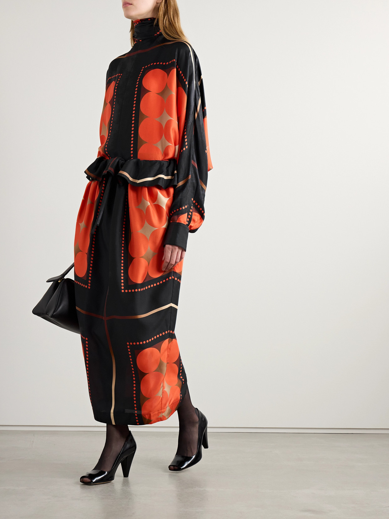 KHAITE LILILA RUFFLED PRINTED SILK-TWILL MIDI SKIRT 