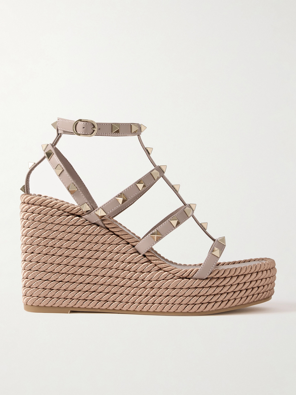 Shop Valentino Rockstud Torchon 105 Leather Espadrille Wedge Sandals In Pink