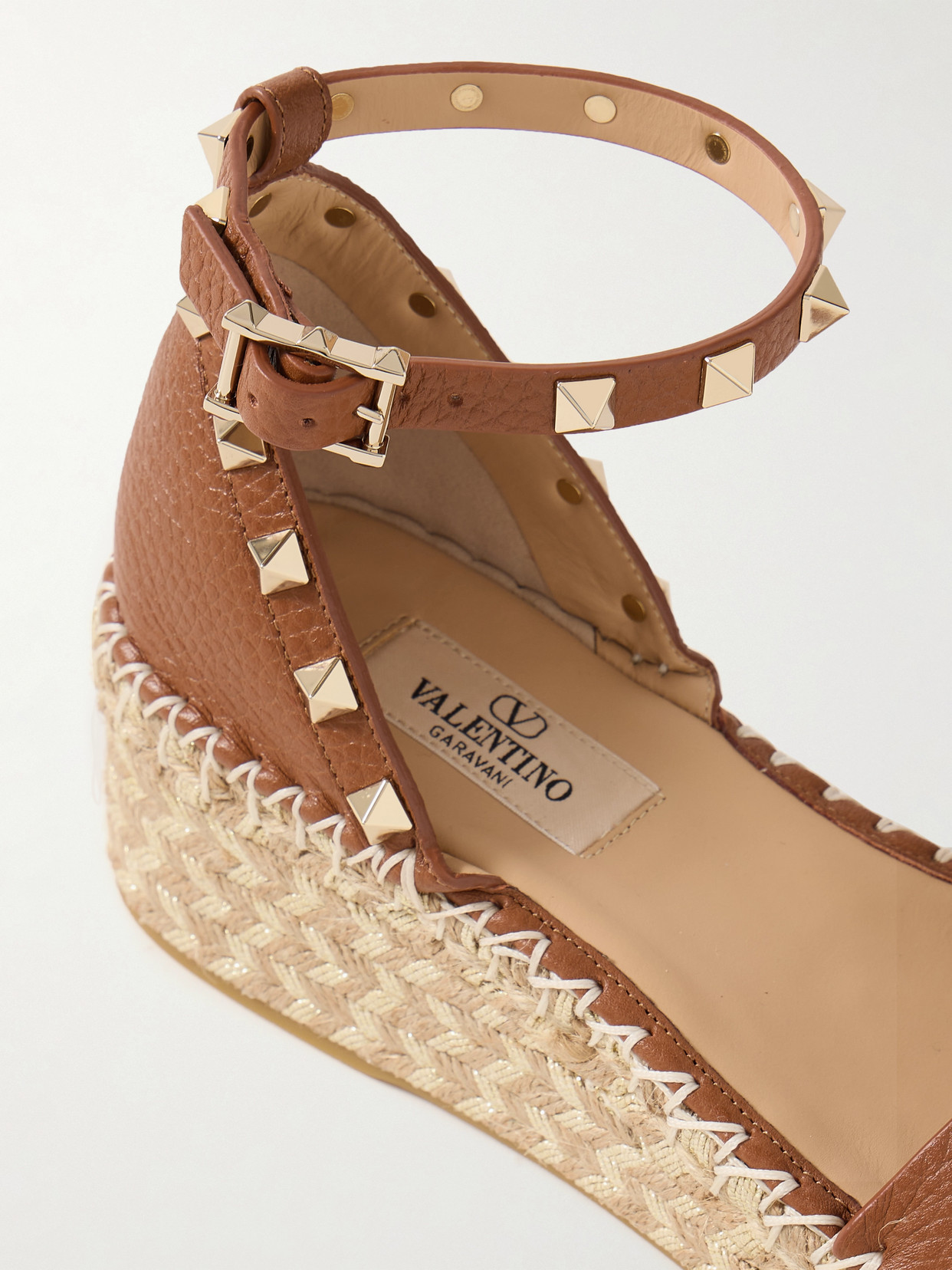 Valentino Rockstud 55 Textured-leather Espadrille Wedge Sandals In Brown