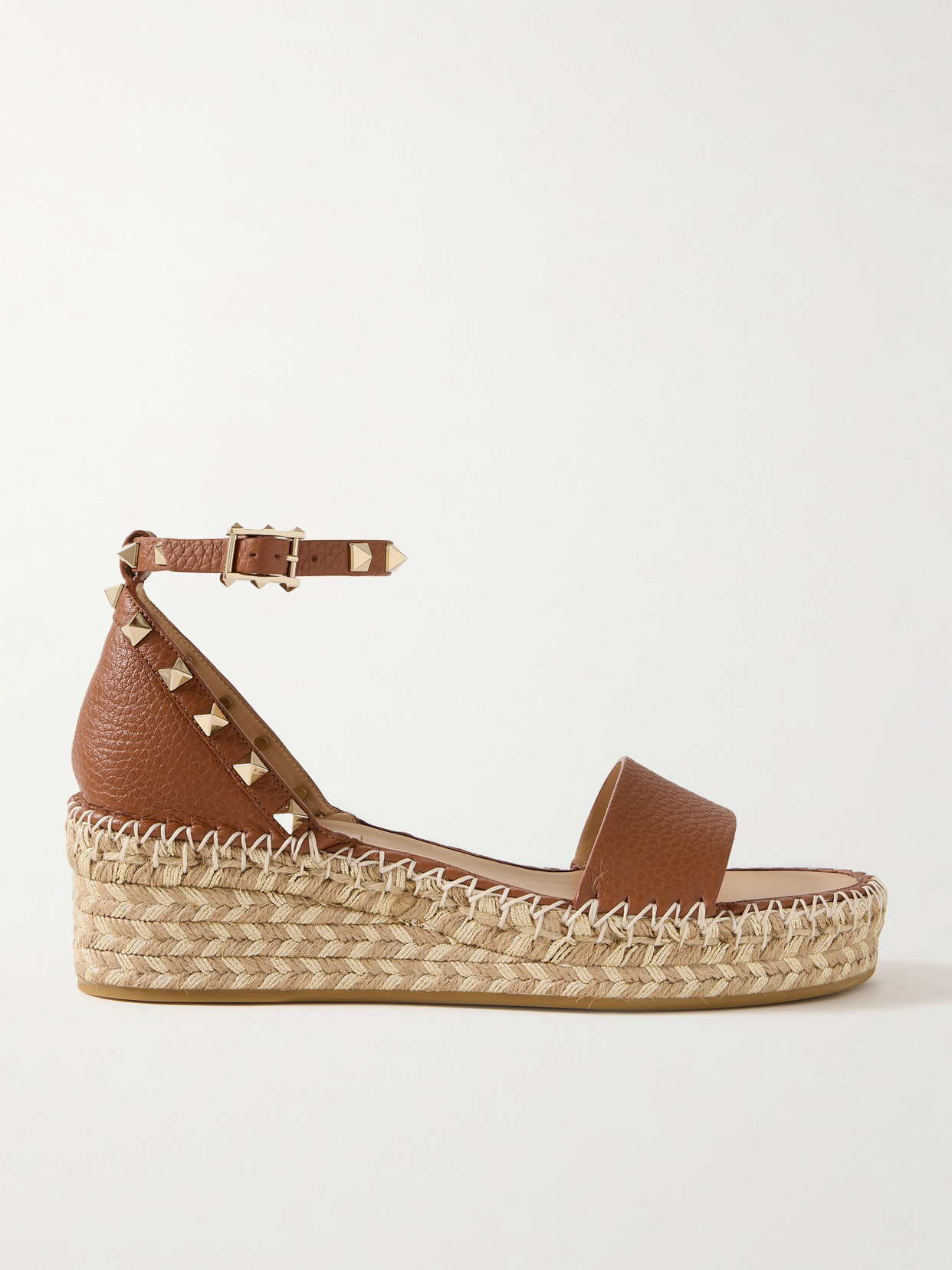 Valentino Garavani Rockstud 55 Textured-leather Espadrille Wedge Sandals In Brown