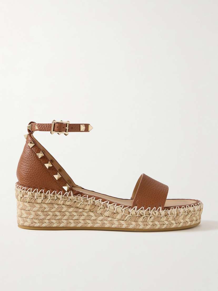 Valentino Garavani Rockstud 55 Textured-leather Espadrille Wedge Sandals