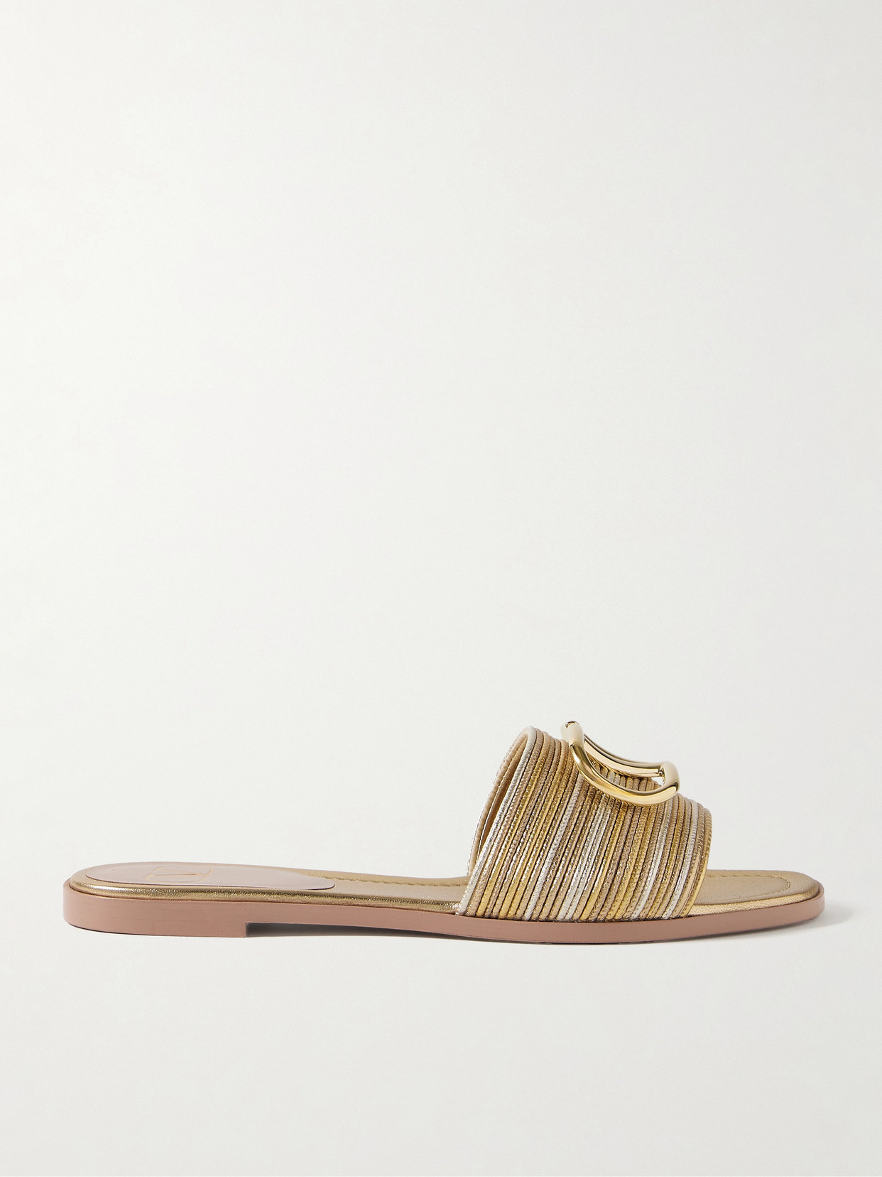 Valentino Garavani Vlogo Signature Metallic Leather Slide Sandal With Cornely Embroidery Woman Gold In Gold