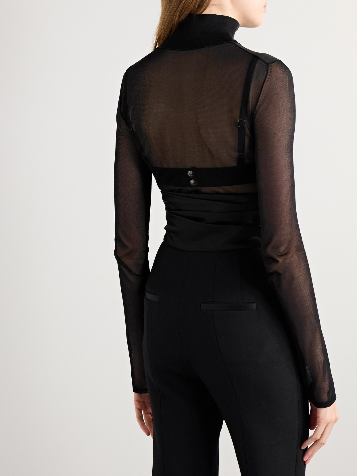 Khaite Tallin Mesh Turtleneck Thong Bodysuit In Black