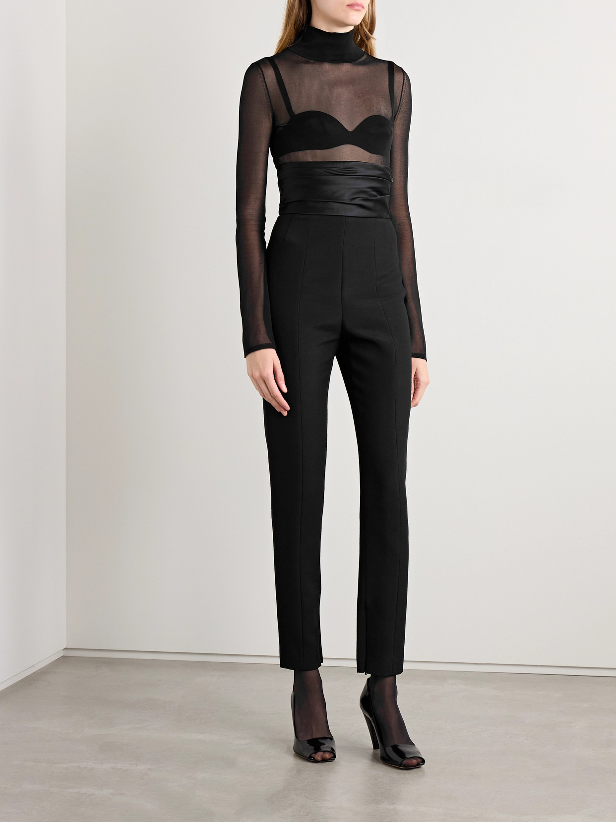Khaite Tallin Mesh Turtleneck Thong Bodysuit In Black