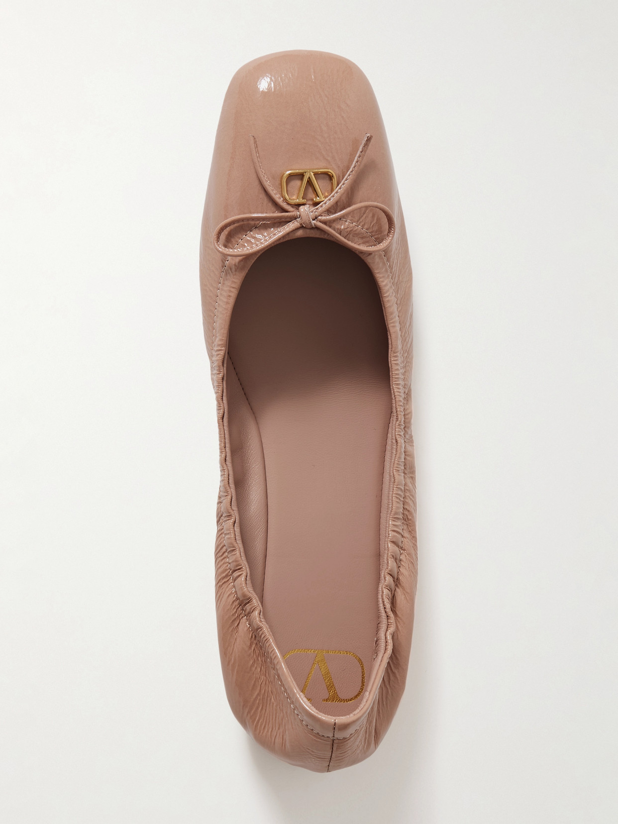 Valentino Vlogo Bow-embellished Crinkled Patent-leather Ballet Flats In Neutrals