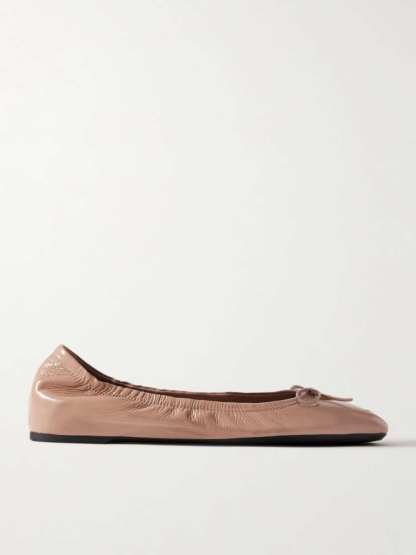 Valentino Garavani Vlogo Bow-embellished Crinkled Patent-leather Ballet Flats