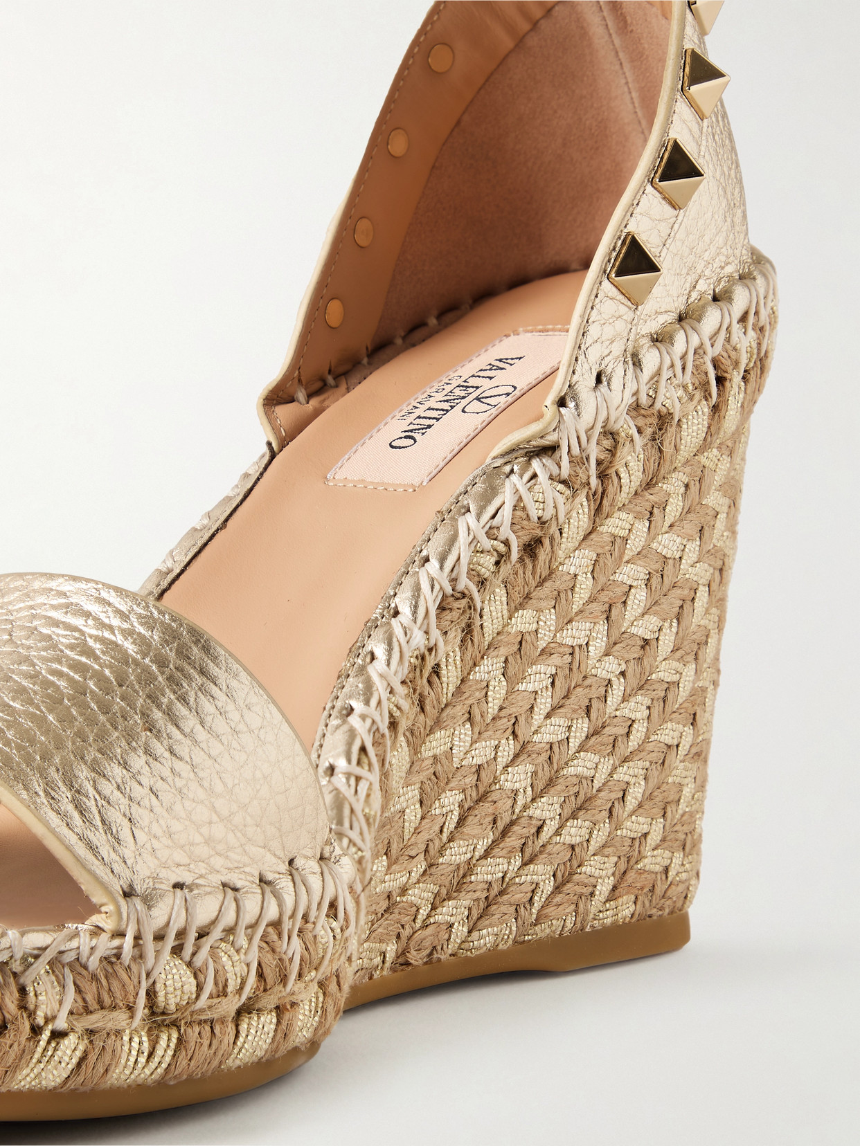 Shop Valentino Rockstud 105 Metallic Textured-leather Espadrille Wedge Sandals In Gold