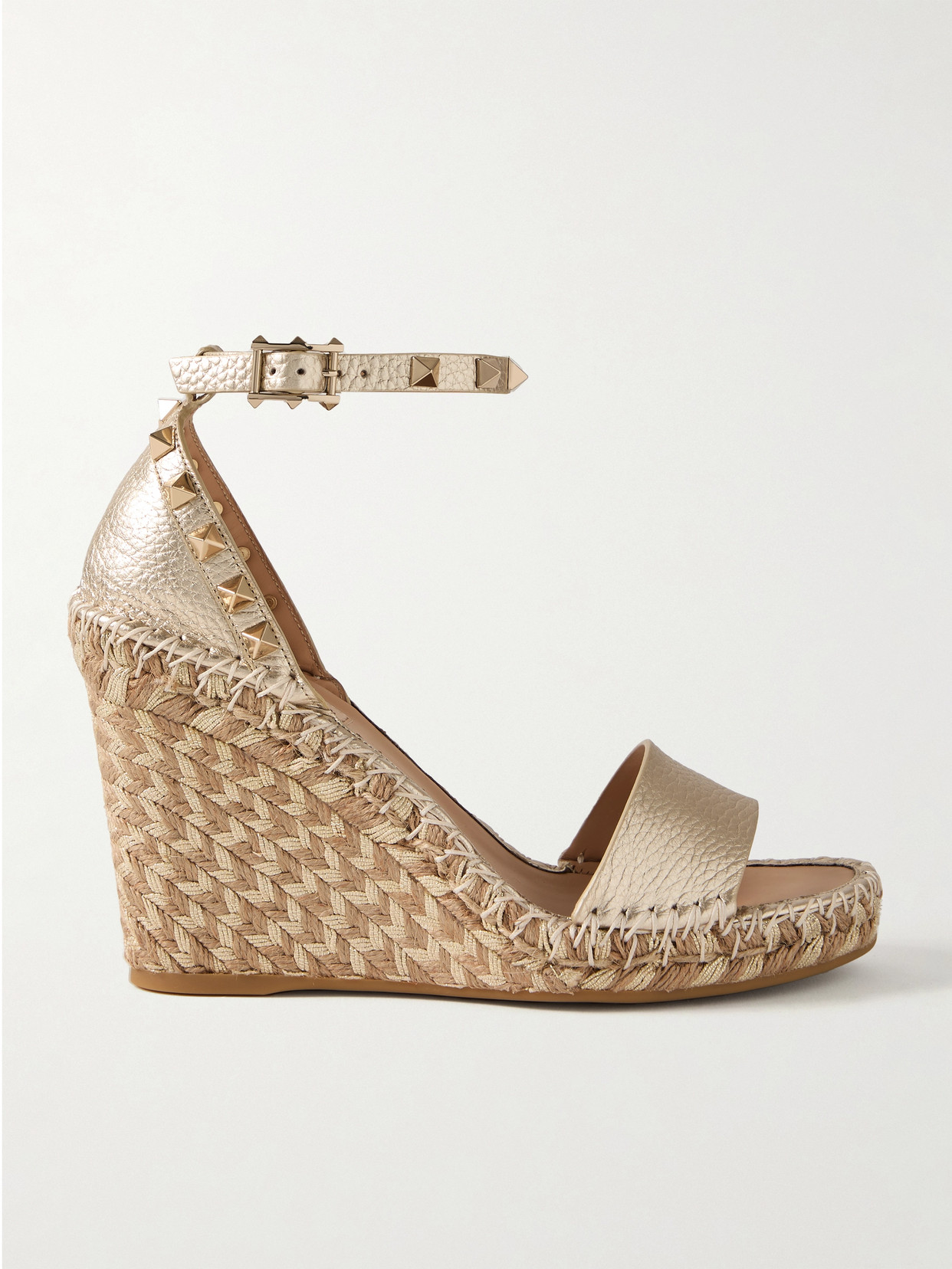 Valentino Garavani - Rockstud 105 Metallic Textured-leather Espadrille Wedge Sandals - Gold
