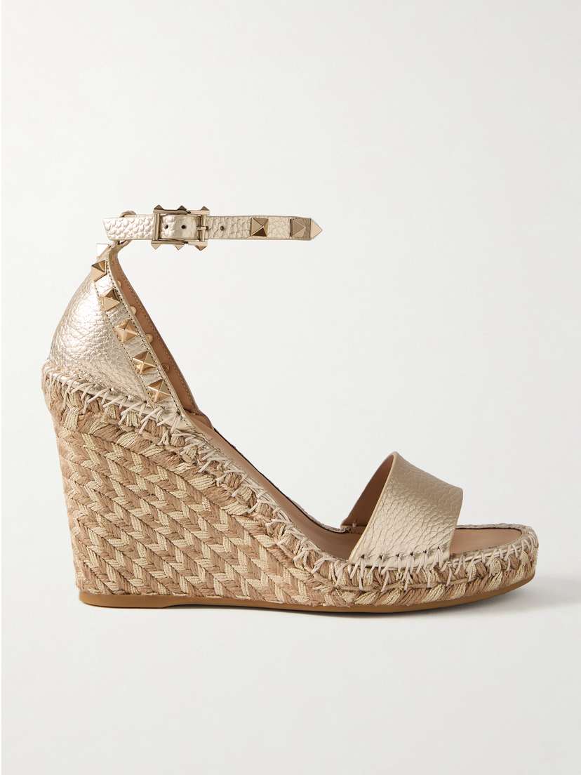 Valentino Garavani Rockstud 105 Metallic Textured-leather Espadrille Wedge Sandals