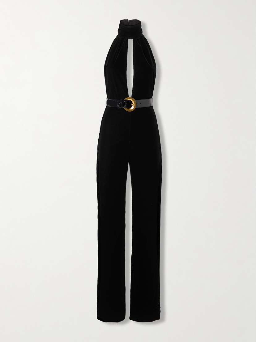 Tom Ford Belted Cutout Stretch-velvet Halterneck Jumpsuit